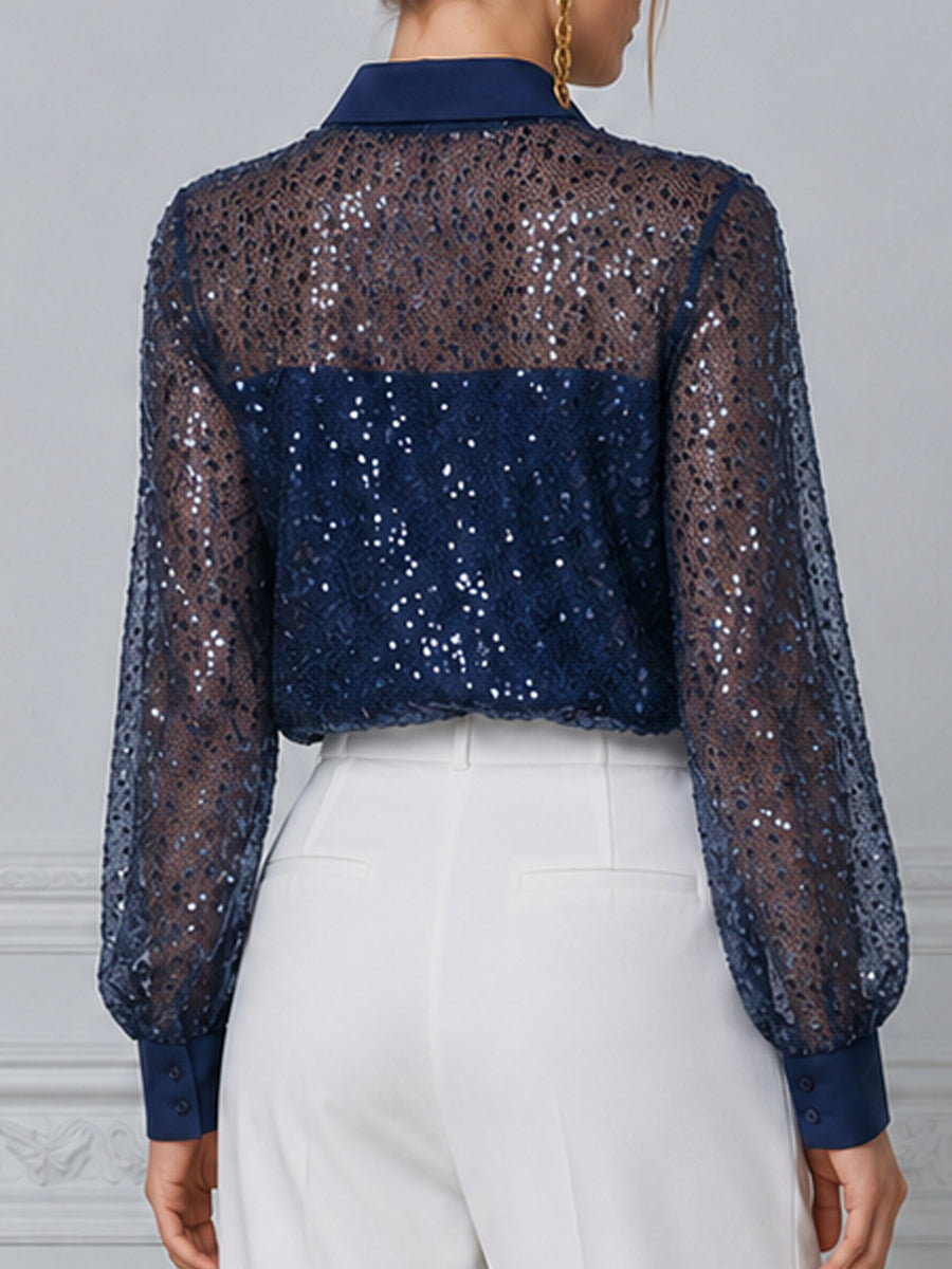 Navy Blue Contrast Sequin Mesh Collar Long Sleeve Blouse