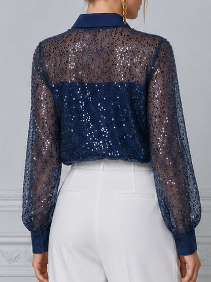 Navy Blue Contrast Sequin Mesh Collar Long Sleeve Blouse