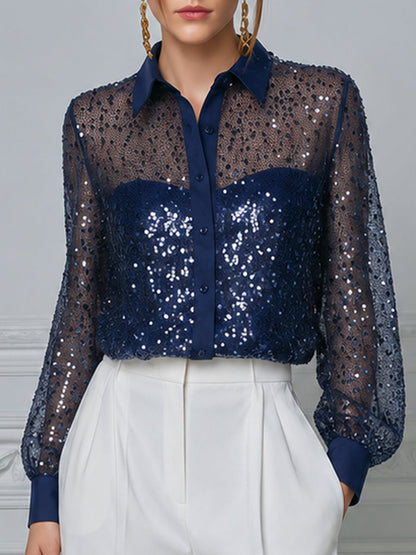 Navy Blue Contrast Sequin Mesh Collar Long Sleeve Blouse
