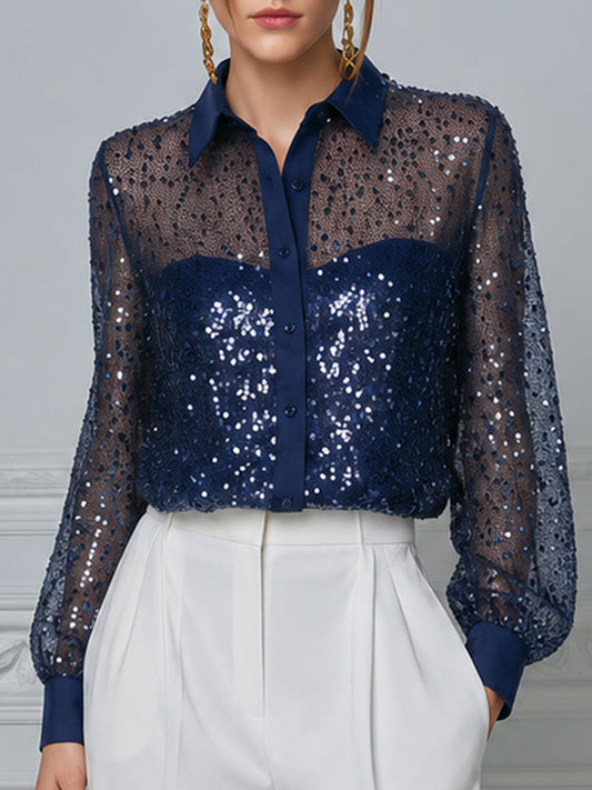 Navy Blue Contrast Sequin Mesh Collar Long Sleeve Blouse