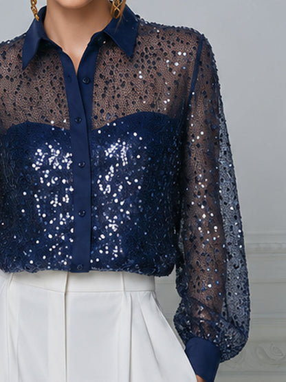 Navy Blue Contrast Sequin Mesh Collar Long Sleeve Blouse