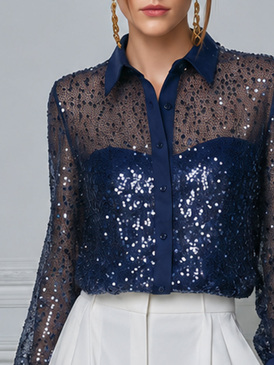 Navy Blue Contrast Sequin Mesh Collar Long Sleeve Blouse