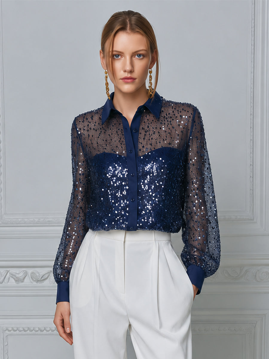 Navy Blue Contrast Sequin Mesh Collar Long Sleeve Blouse