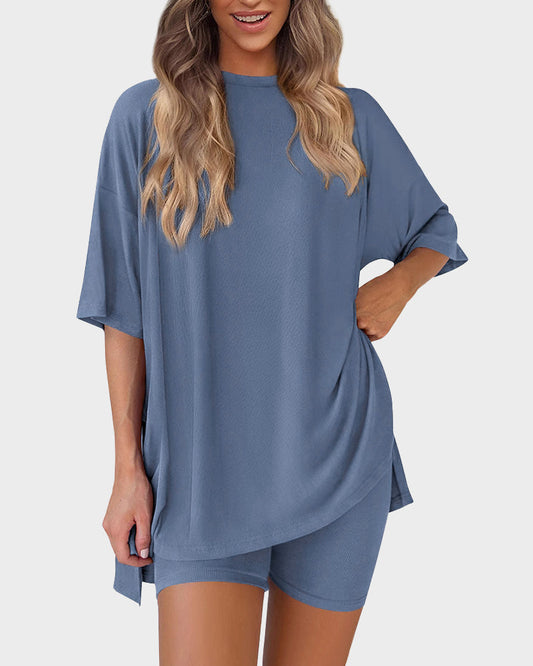 Casual 2-Piece Loungewear Set Oversized Split Hem Top & Fitted Shorts