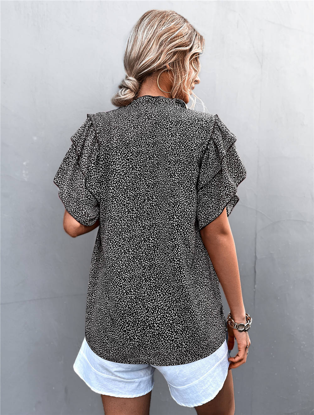 MAYFAIR Leopard Ruffled Chiffon Blouse — Summer Casual Pagoda Sleeve Top
