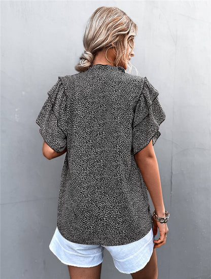 MAYFAIR Leopard Ruffled Chiffon Blouse — Summer Casual Pagoda Sleeve Top