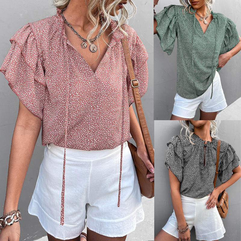 MAYFAIR Leopard Ruffled Chiffon Blouse — Summer Casual Pagoda Sleeve Top