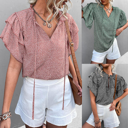 MAYFAIR Leopard Ruffled Chiffon Blouse — Summer Casual Pagoda Sleeve Top