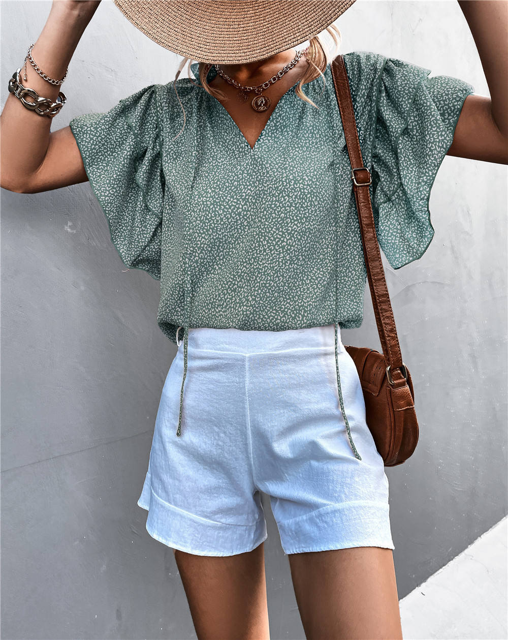 MAYFAIR Leopard Ruffled Chiffon Blouse — Summer Casual Pagoda Sleeve Top