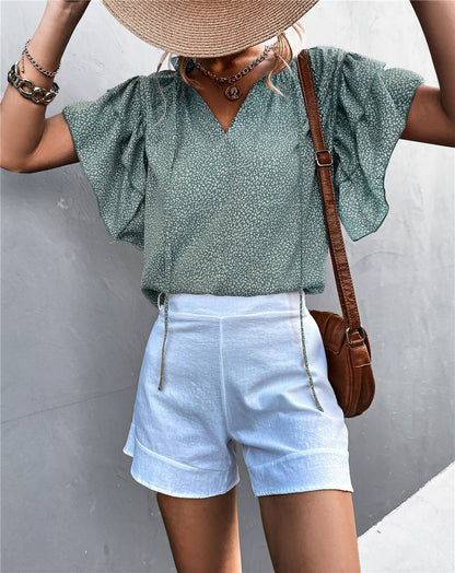 MAYFAIR Leopard Ruffled Chiffon Blouse — Summer Casual Pagoda Sleeve Top