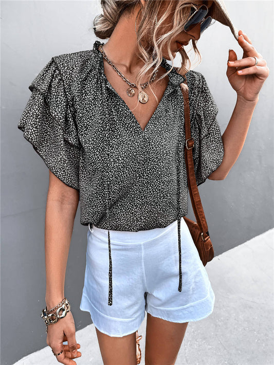 MAYFAIR Leopard Ruffled Chiffon Blouse — Summer Casual Pagoda Sleeve Top